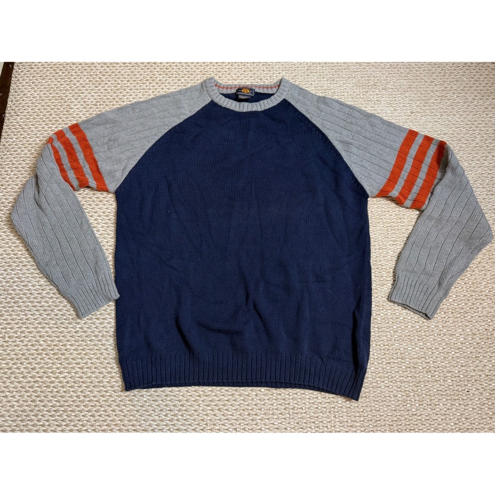 Route 66 Vintage Raglan Sweater Navy Grey Orange Stripe Cotton Knit Y2K ribbed L